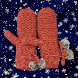 H&M Ladies "Burnt Orange" Knitted Mittens with Faux Fur Pom Poms
